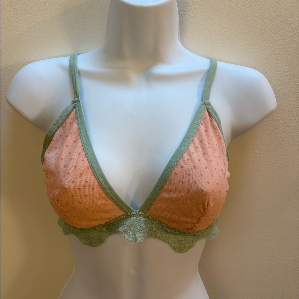 Dot Mesh Triangle Bralette in Pink with Sage Trim